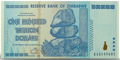 Zimbabew 100 trillar dollar banknote
