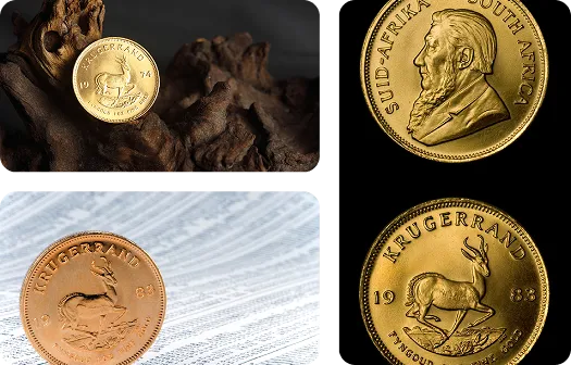 Four distinct images showcasing various gold coins, highlighting their unique designs and textures.