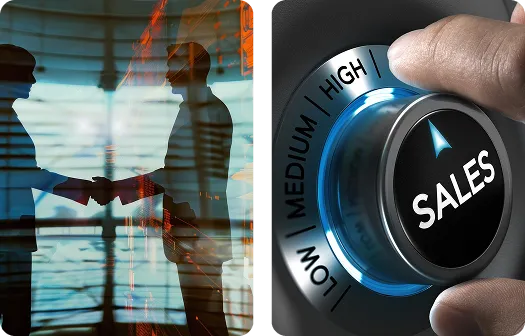 Two images depicting individuals shaking hands, accompanied by sales buttons, symbolizing successful business agreements.
