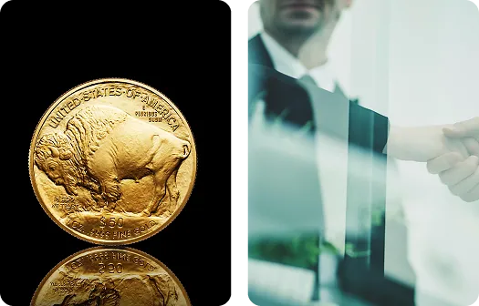 A gold coin rests beside two men shaking hands, symbolizing agreement and financial partnership.
