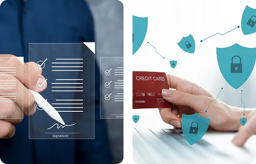 A person holds a pen next to a laptop displaying a credit card on the screen.