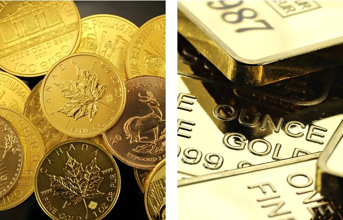 A close-up of gold coins featuring maple leaf and animal designs on the left, and gold bars stamped with weight and purity markings on the right. Both sides highlight the shiny, reflective surfaces of the precious metals.