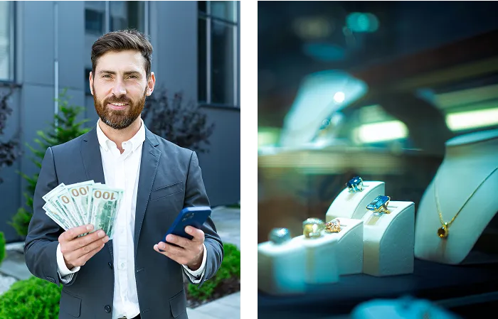 A man in a suit holding cash and a phone stands outside; next to him is a display of jewelry including rings and a necklace in a store window.