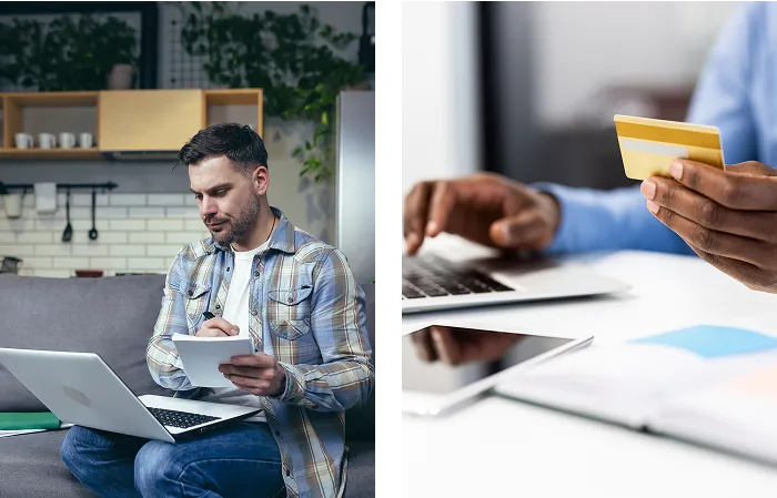 A man sits on a sofa using a laptop and holding papers, while another close-up shows hands typing on a laptop and holding a credit card, suggesting online work or shopping.