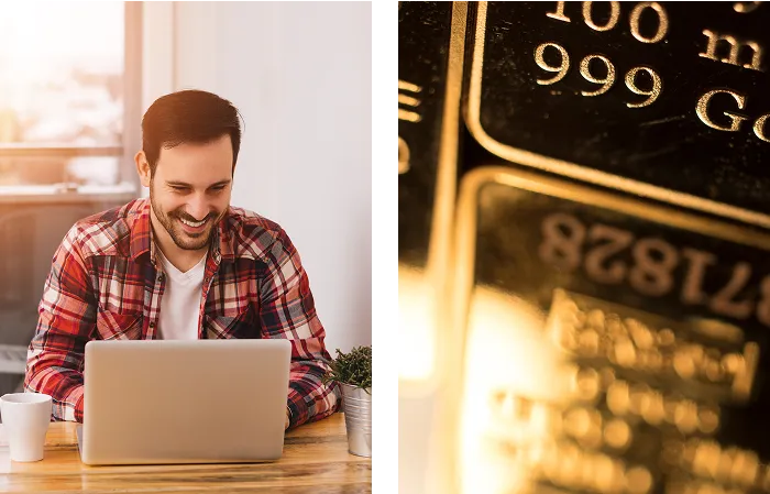 A man in a plaid shirt smiles while working on a laptop at a table. Next to him is a close-up image of shiny gold bars with inscriptions, including 100 g and 999 Gold.
